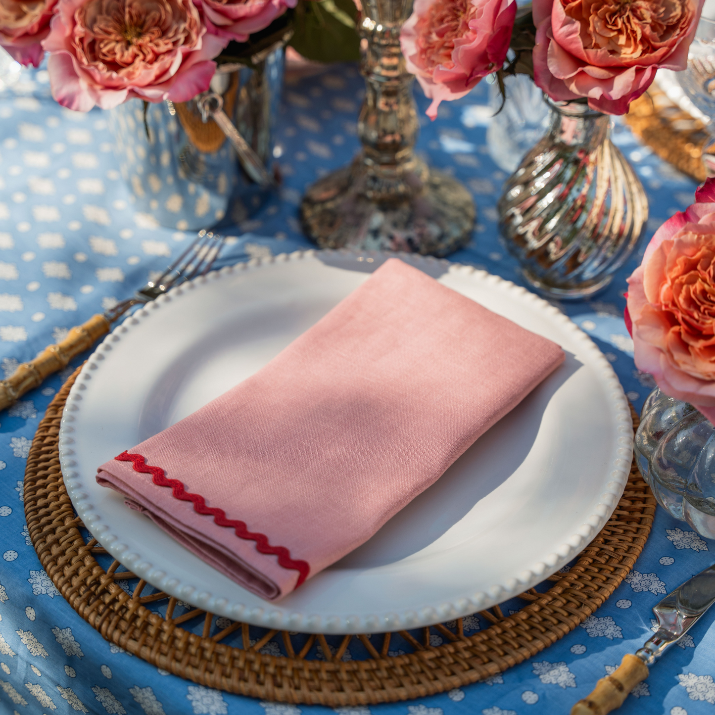 Linen Wave Napkins - Set of 4 - Pink with Raspberry Wave