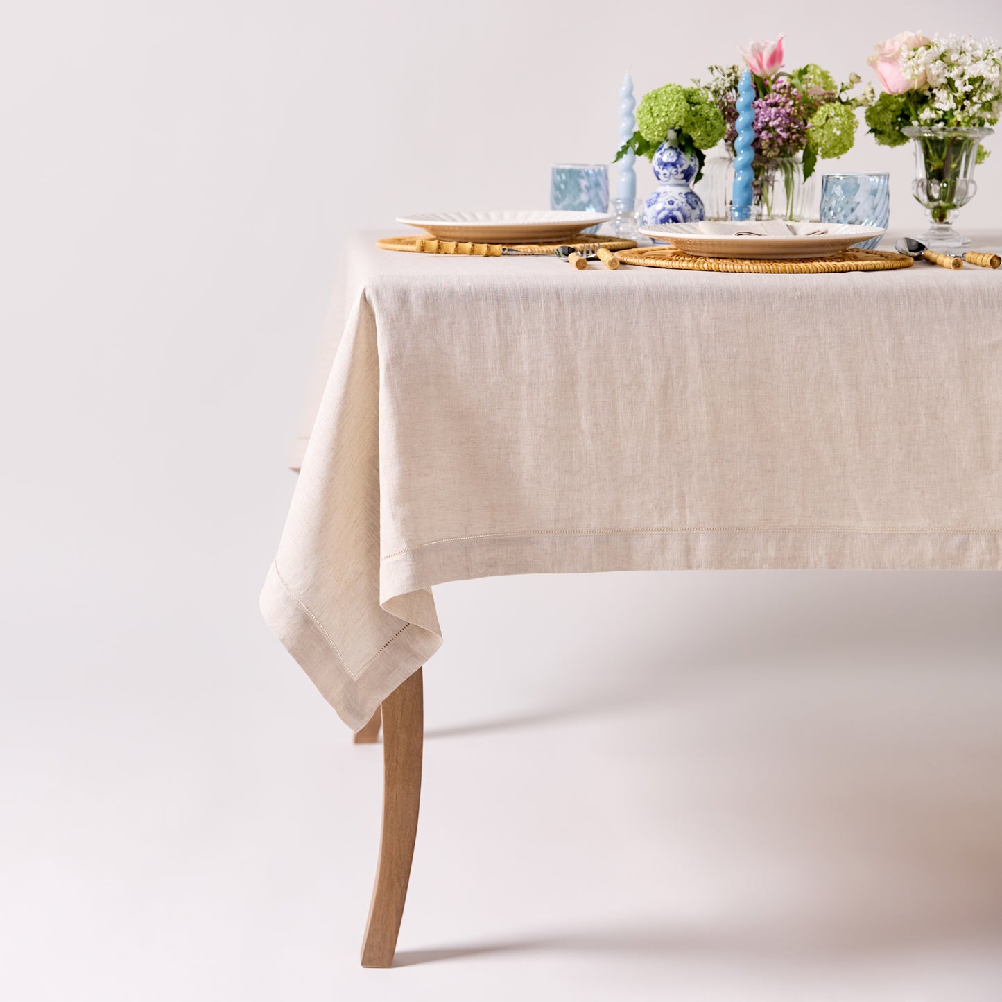 Linen Tablecloth with Hemstitched Edge - Natural - 6-8 person table size