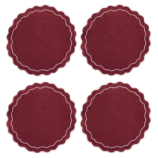 Set of 4 - Linen Scalloped Edged Placemats - Cherry Red